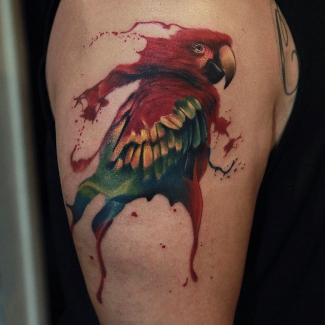 肩部水彩风格的鹦鹉纹身图案