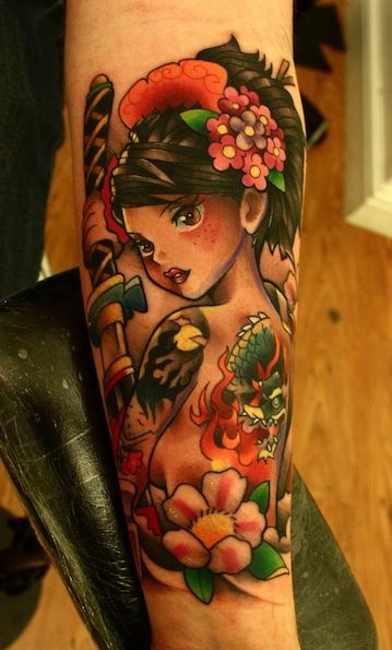 小臂多彩可爱的艺妓纹身图案