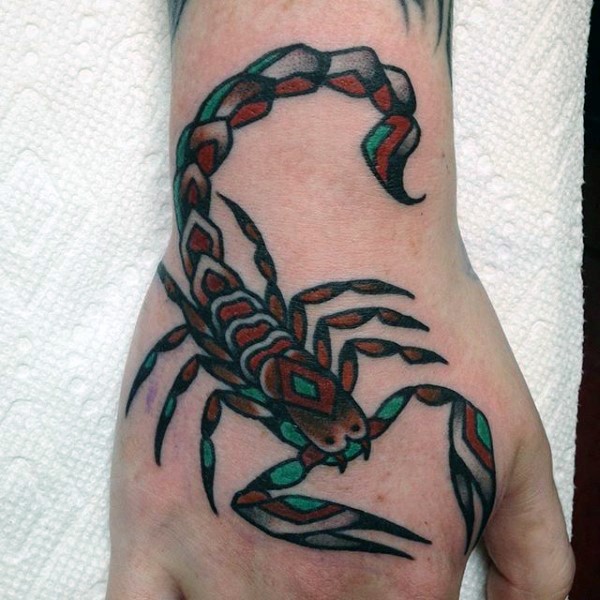 手背彩色老蝎子纹身图案