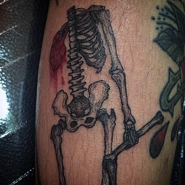 腿部老派风格滑稽的出血人体骨骼纹身