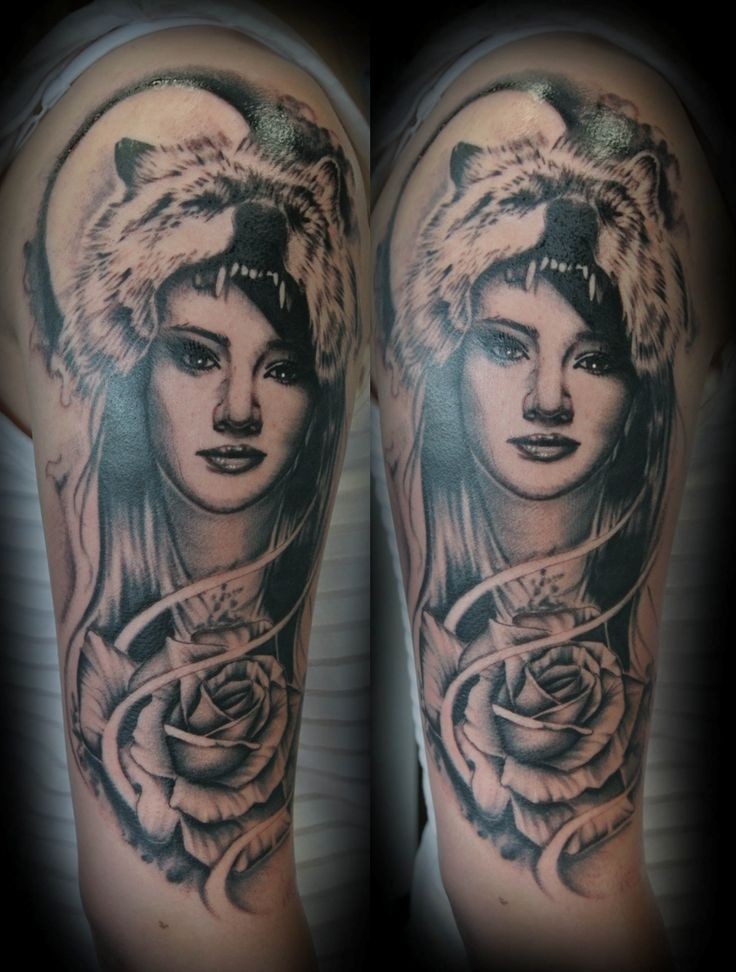 大臂彩色女性肖像与狼头玫瑰纹身图案
