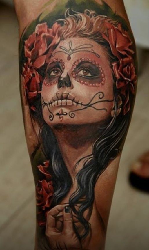 腿部水彩色死圣女孩纹身图案