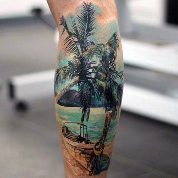 小腿写实风格船与棕榈树和海洋纹身图案