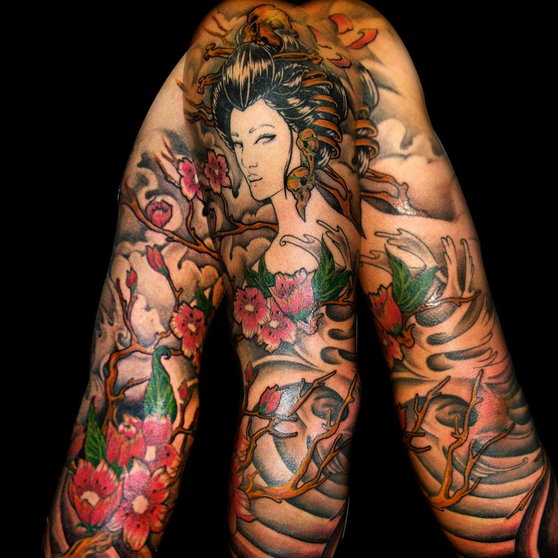 手臂彩色新日式色花套艺妓纹身图案