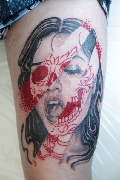 大腿女性肖像与骷髅组合纹身图案