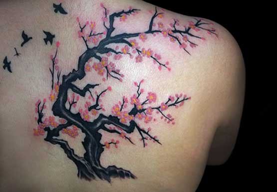 肩部彩色大樱桃树纹身图案