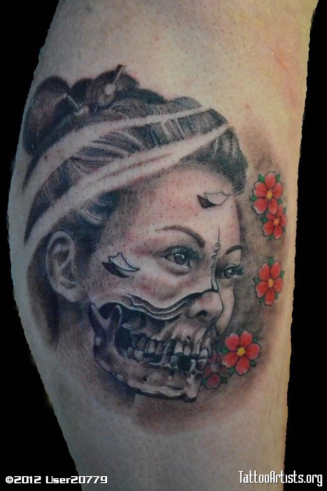 腿部恐怖风格的彩色骷髅艺妓纹身图案