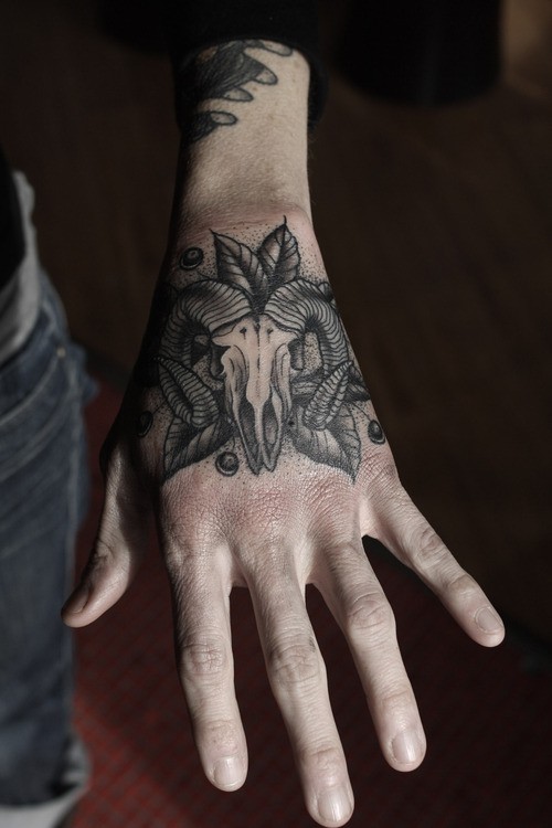 手背灰色公羊骷髅纹身图案