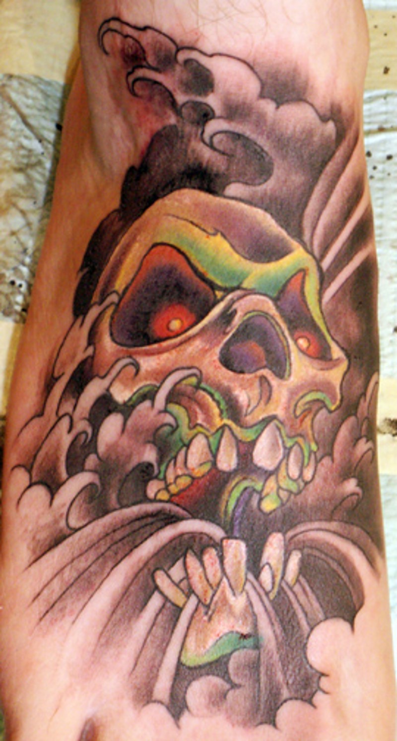 脚部复古风格的彩色漫画恶魔骷髅纹身