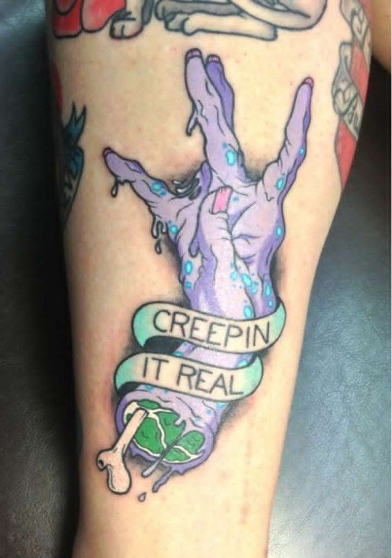 腿部彩色可怕的僵尸手纹身图案