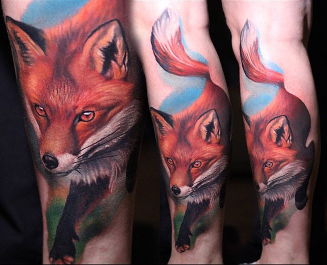 腿部现实主义风格的彩色狐狸纹身图案