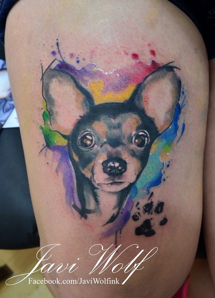 大腿小狗肖像水彩风格纹身图案