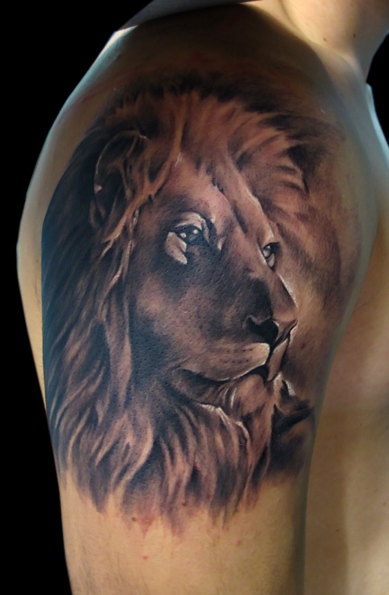 肩部棕色逼真的狮子头纹身图案