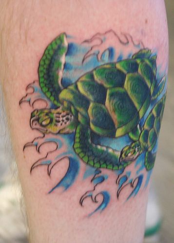 腿部彩色严肃的乌龟纹身图案