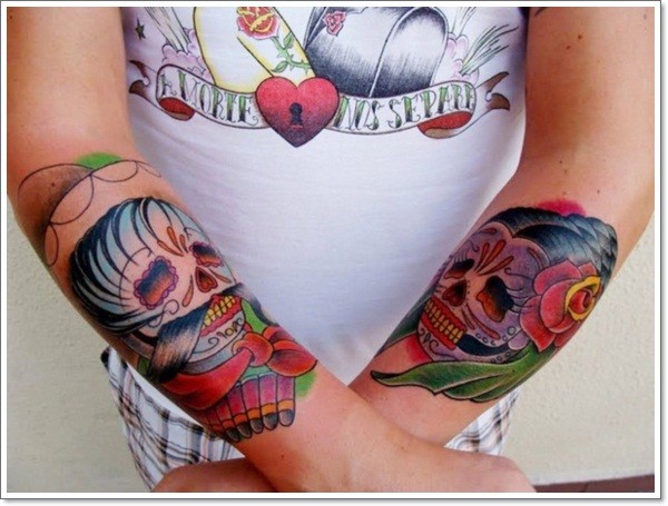 男性手臂彩色墨西哥糖骷髅纹身图片