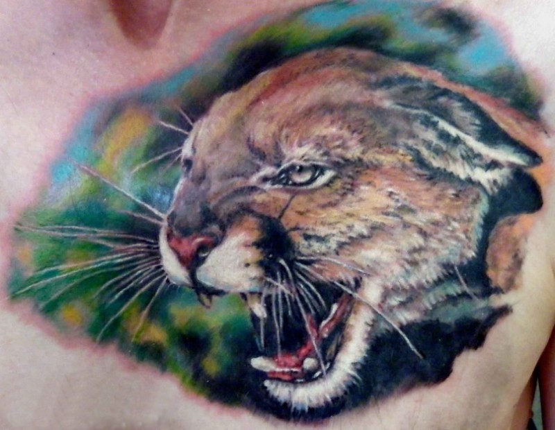 写实逼真的彩色豹子头纹身图案
