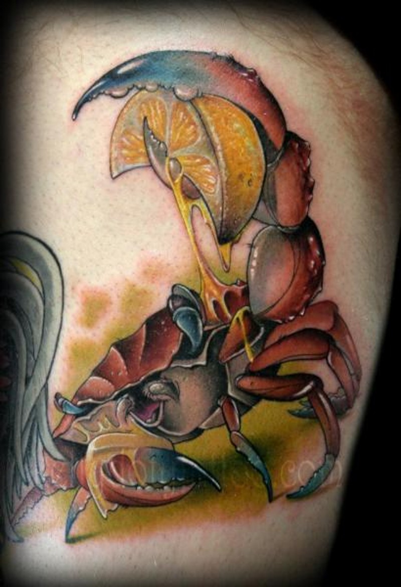现代风格的彩色螃蟹柠檬片纹身图案