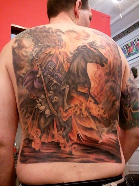 男士满背彩色死神骷髅火焰战马纹身图案
