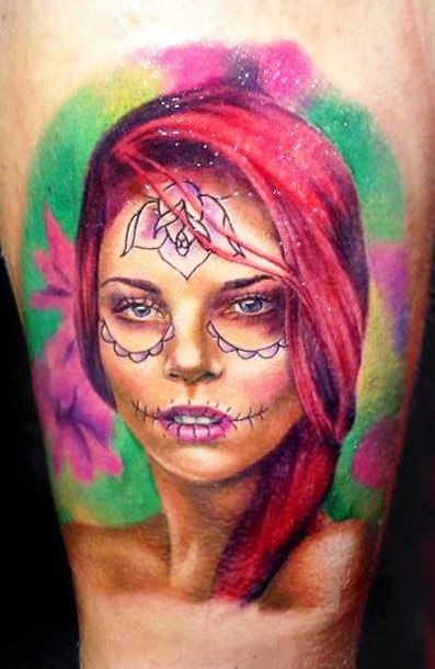 腿部生动的死亡女孩肖像纹身图案