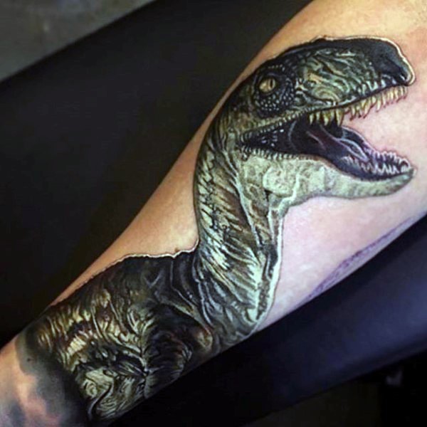 手臂写实风格彩色恐龙纹身图案
