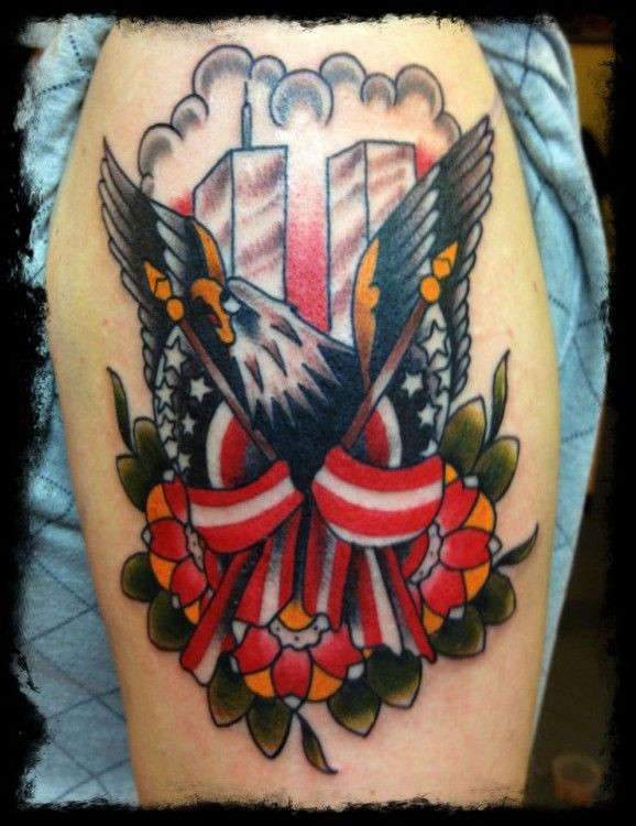 多彩传统风格美国旗与人像纹身图案