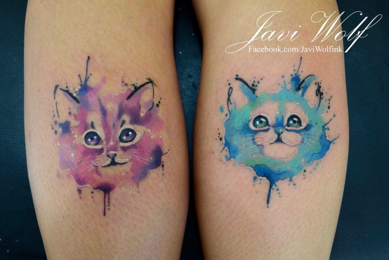 小腿可爱的彩色猫纹身图案