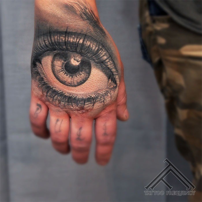 手背写实的彩色眼睛纹身图案
