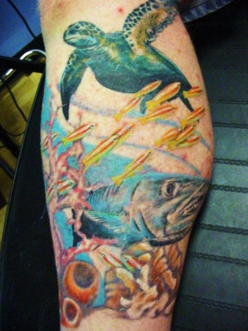 腿部彩色航海主题乌龟与鱼纹身图片