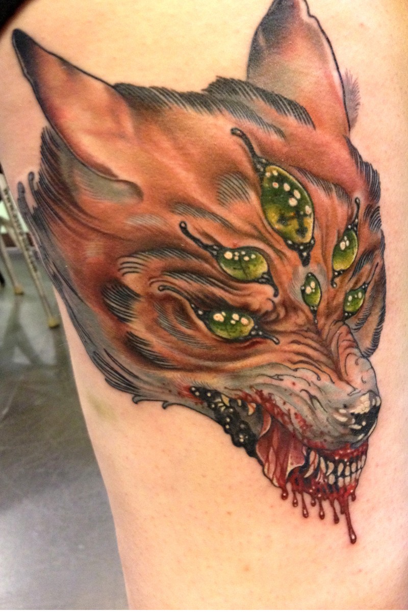 神秘邪恶的怪物六眼狐狸纹身图案