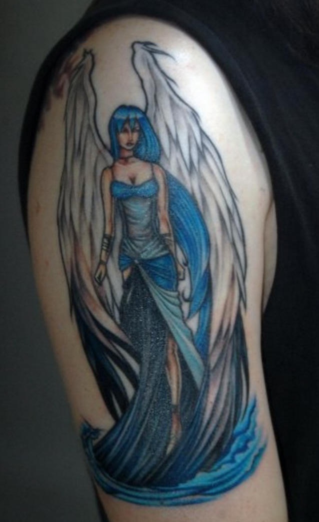 女孩大臂蓝色优雅的精灵纹身图案