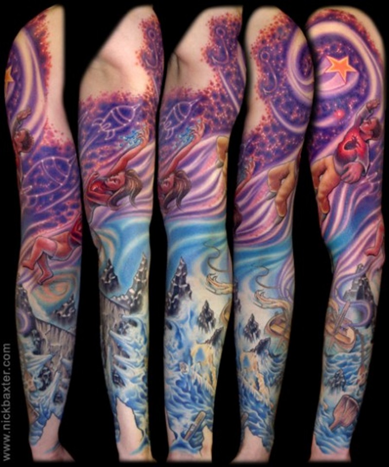 手臂美妙的彩色幻想世界纹身图案