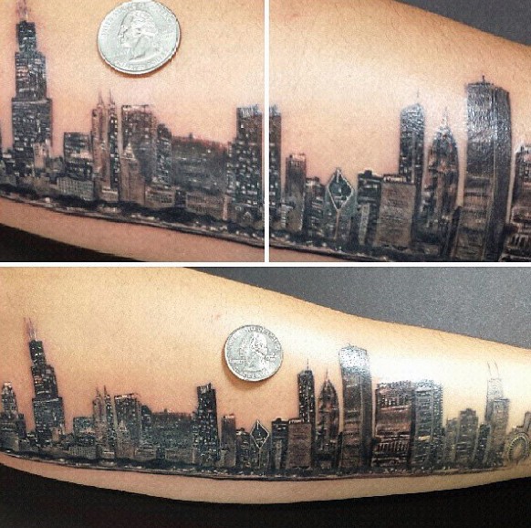 手臂非常逼真壮观的城市景观纹身图片