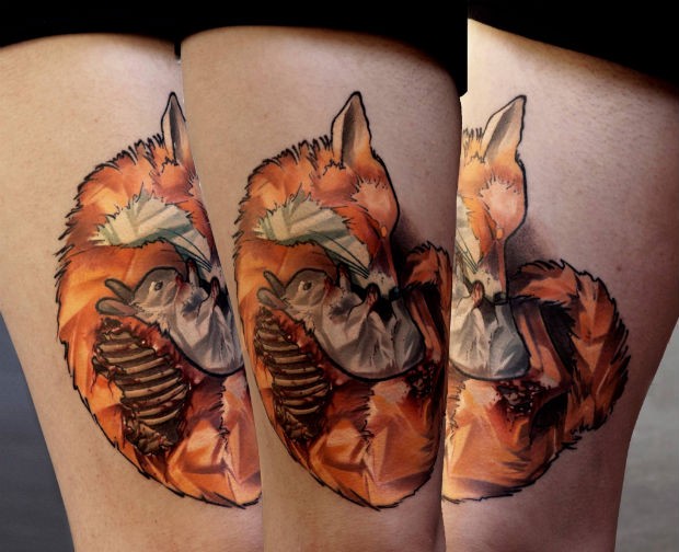 腿部新风格的彩色狐狸与兔子纹身图案