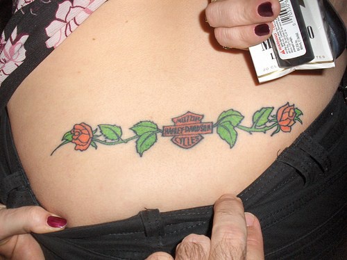 腹部彩色哈雷戴维森标志玫瑰纹身