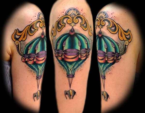 大臂现代传统风格彩色气球与大象纹身图案