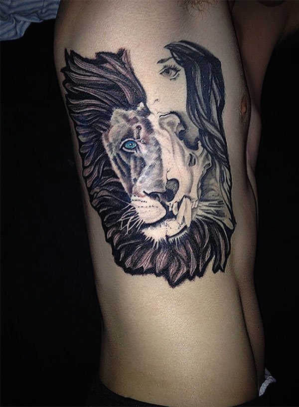 不寻常的组合彩色狮子头与女性脸部纹身图案
