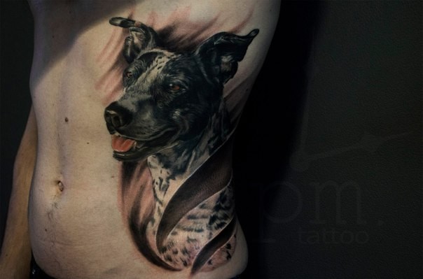 侧肋逼真的彩色狗肖像纹身图案