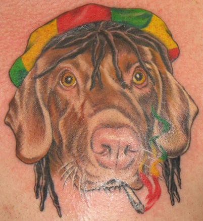 戴彩色帽子的狗头像纹身图案