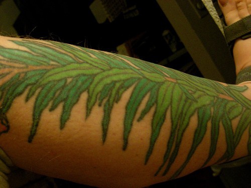 腿部绿色茂密的植物纹身图案