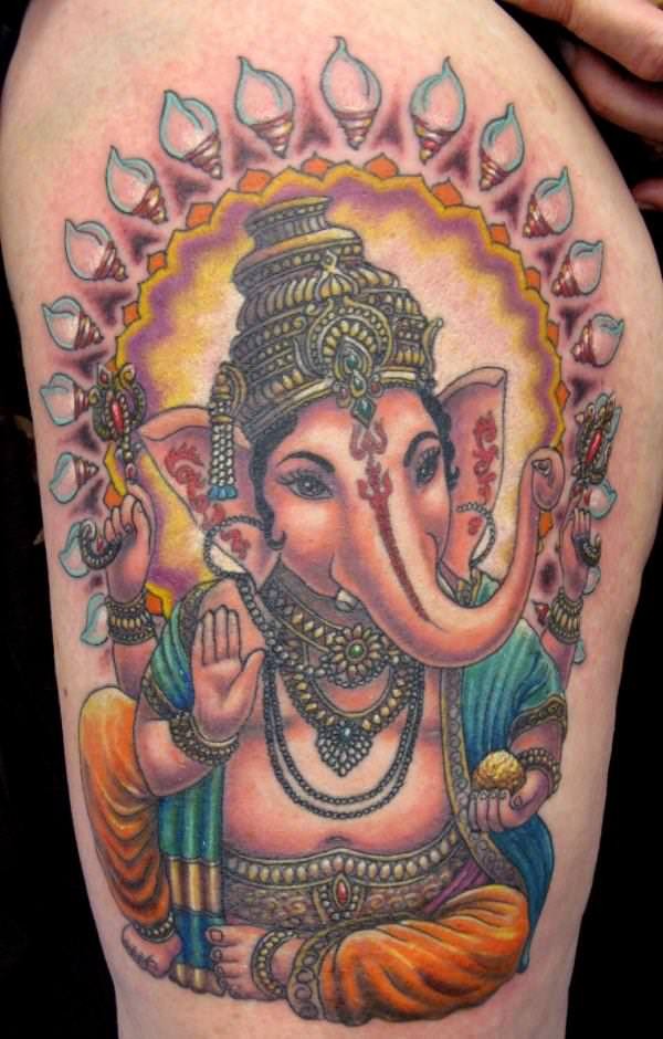 大腿可爱印度象神纹身图案