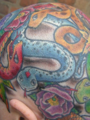 头部彩色蛇与花朵纹身图案
