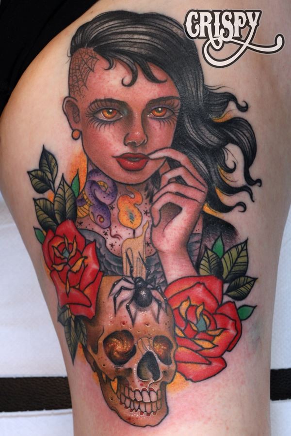 腿部滑稽的彩色有趣的女人肖像与骷髅纹身