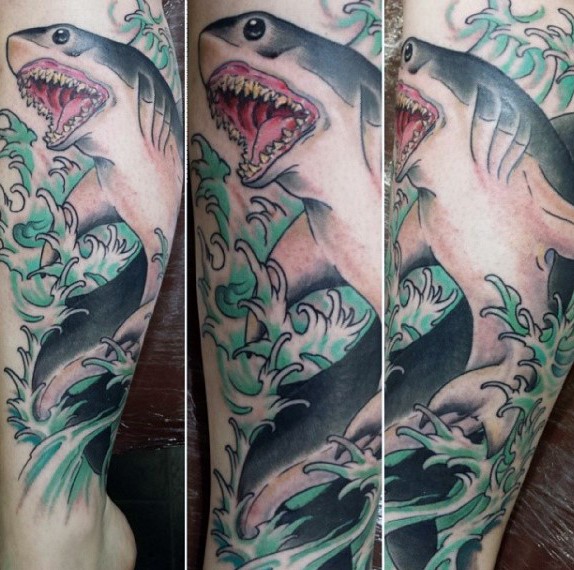手臂彩色插画风大鲨鱼纹身图案