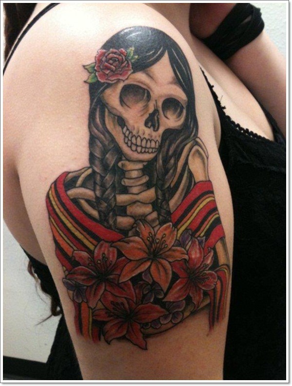 肩部彩色墨西哥女孩骷髅纹身图片