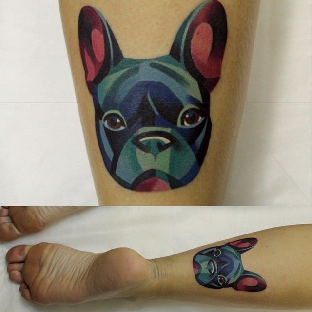 小腿水彩肖像狗纹身图案