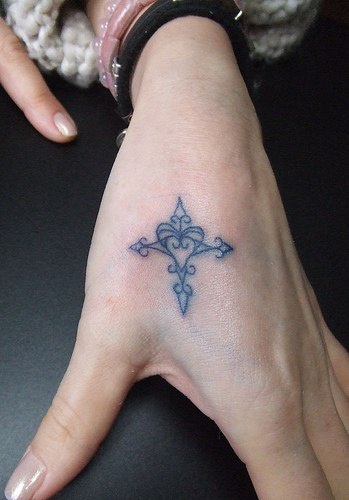 手部小小的十字架纹身图案