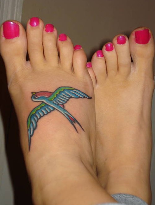 女性脚背彩色燕子纹身图案