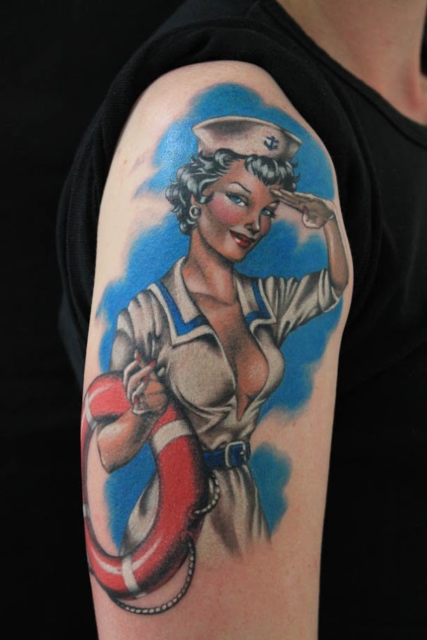肩部老式彩色旧货性感水手纹身图案