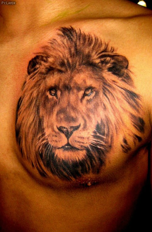 男性胸部狮子头像纹身图案