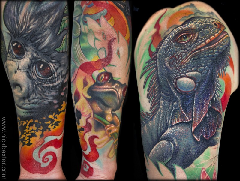 手臂彩色逼真的各种动物纹身图案
